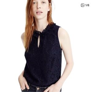 🎁🎄J.Crew NAVY BLUE Ruffle Neck Scalloped Lace Top Size M Petite